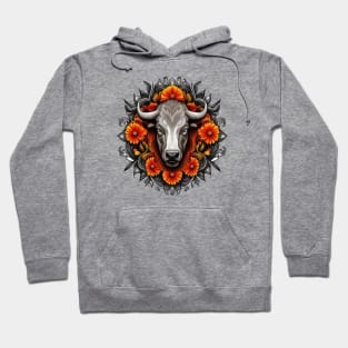 Buffalo Surrounded By A Wreath Of Orange Flowers Tattoo Art Hoodie